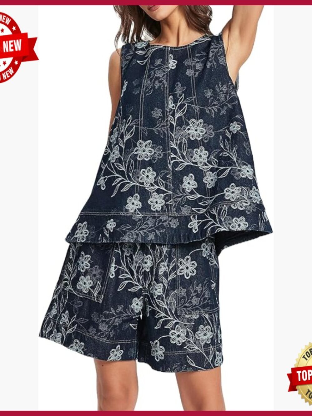 Women's Denim 2 Piece Tank Top & Bermuda Short Set Floral Flare Loose Fit